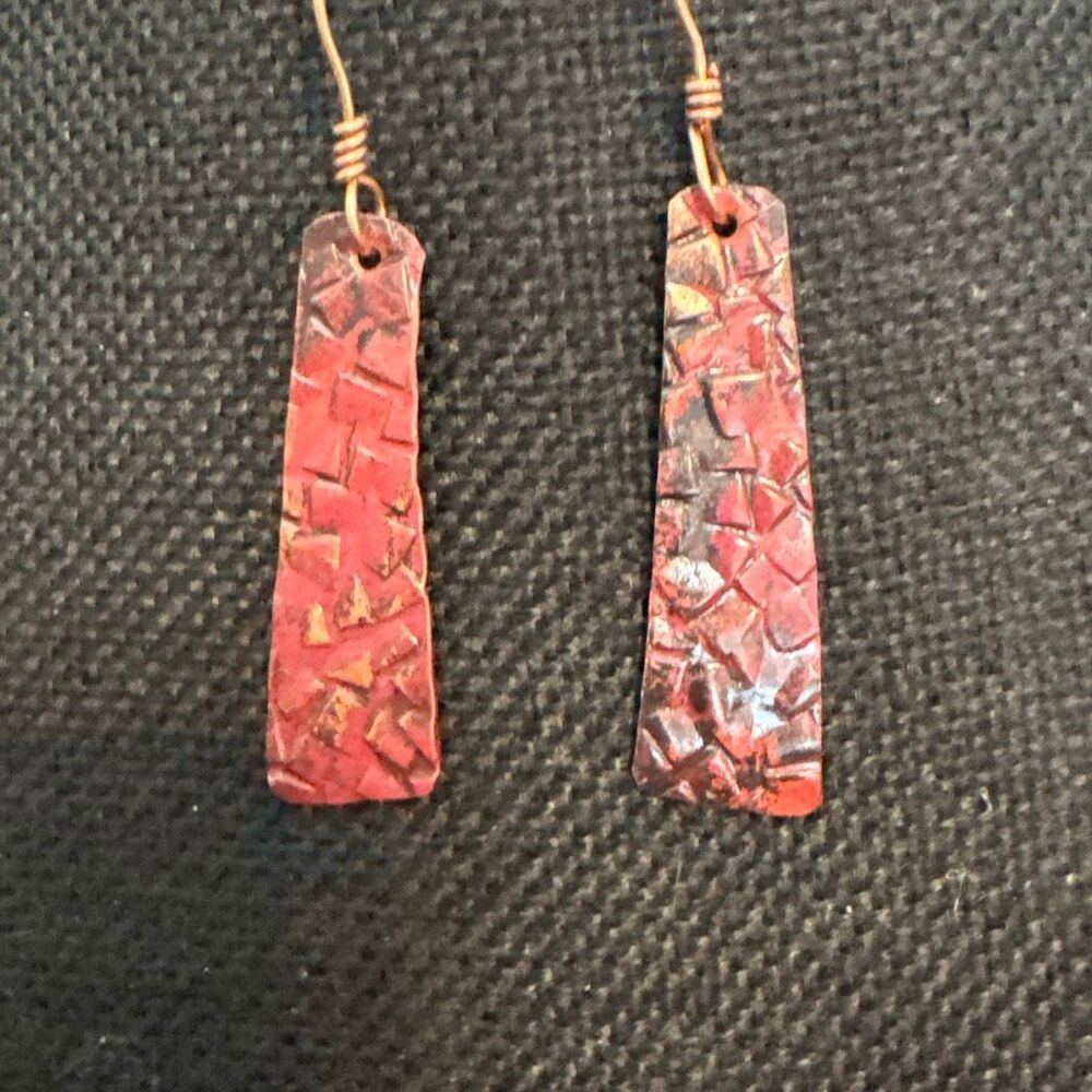 Red Copper Dangle Earrings, NEW, Unique, Red and Black, Handmade